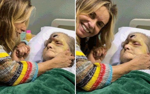 Paula Burlamaqui visita a mãe de 81 anos no hospital após queda em casa