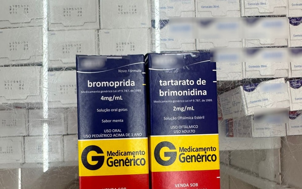 Bromoprida (caixa esquerda) // tartarato de brimonidina (caixa da direita) - Goiás — Foto: Reprodução/TV Anhanguera