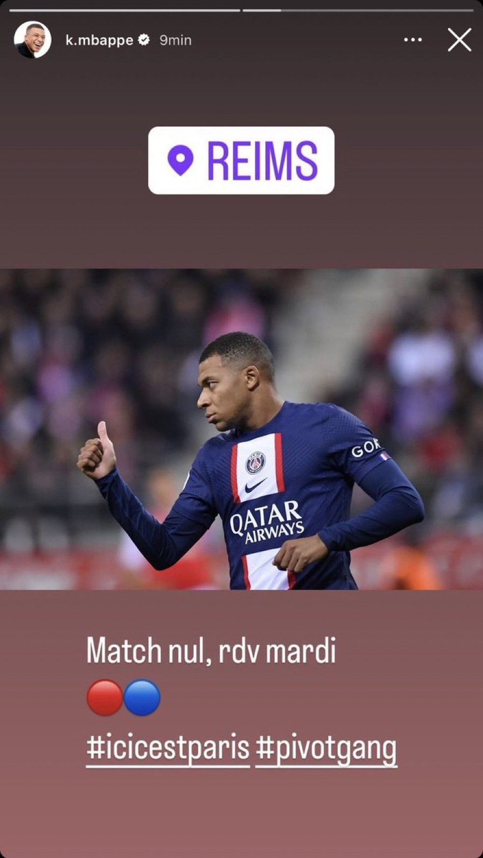 Mbappé fez post após Reims x PSG com indireta ao técnico, mas depois apagou — Foto: Reprodução/Instagram