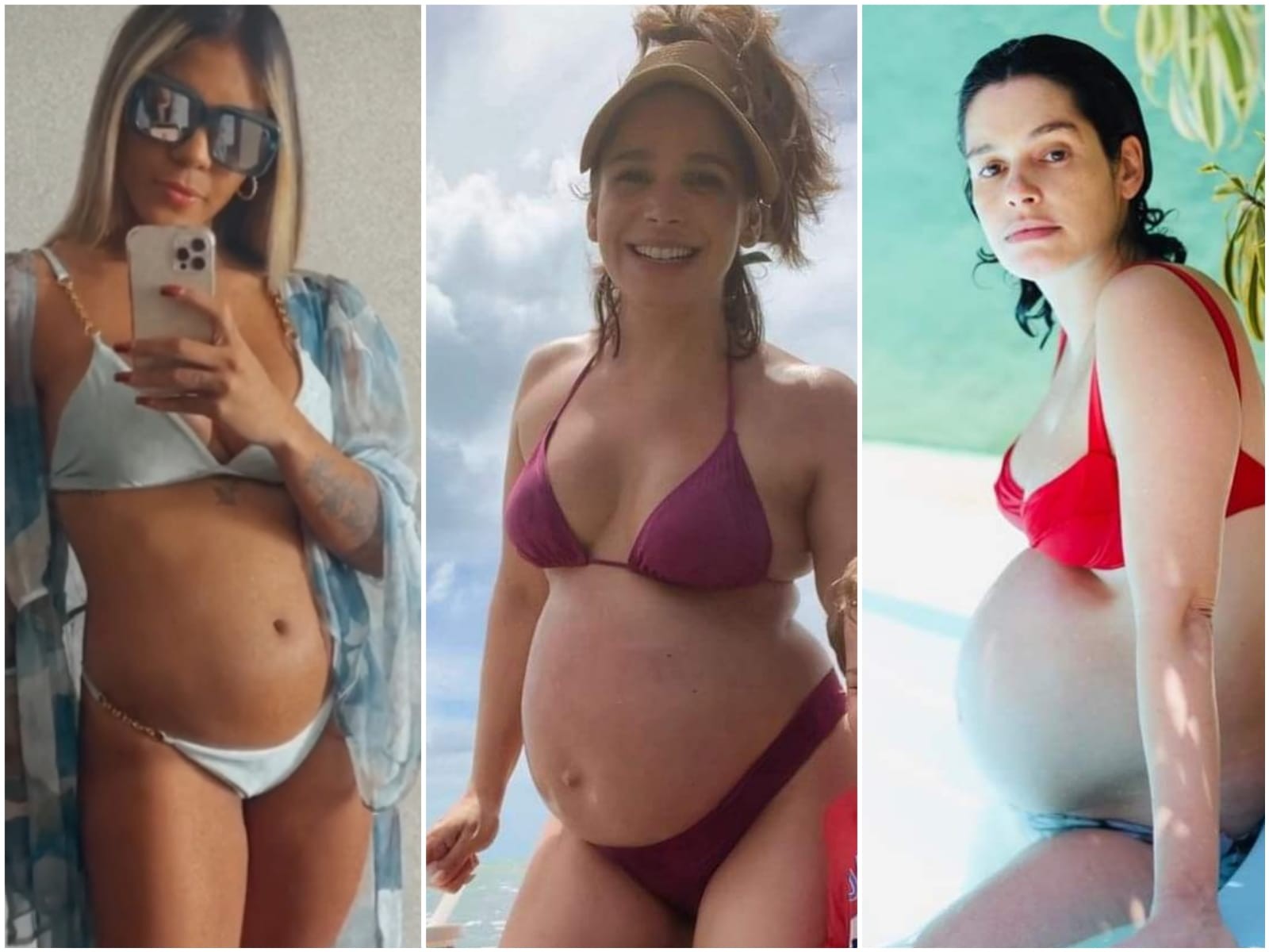 Grávidas, Tays Reis, Sabrina Petraglia e Maria Flor aproveitaram fim de semana para colocar biquíni e se refrescar (Foto: Reprodução/Instagram)