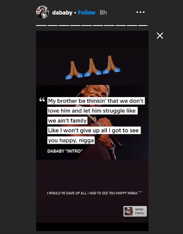O post do rapper DaBaby em homenagem ao irmão (Foto: Instagram)