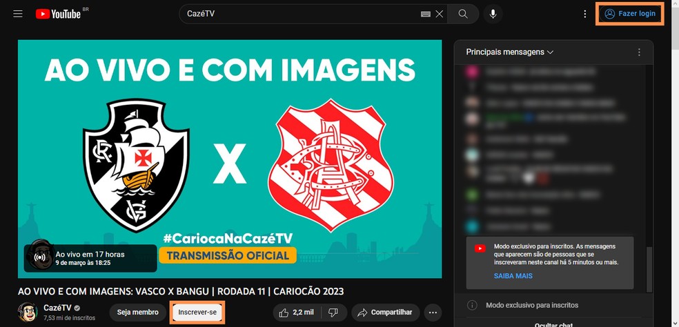 Transmissão Vasco x Bangu na CazéTV: faça login no YouTube para enviar mensagens no bate-papo — Foto: Reprodução/Róbson Martins