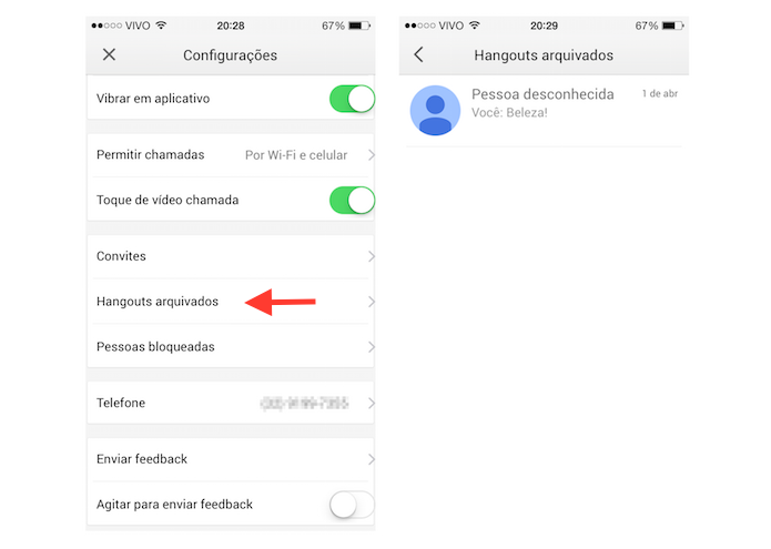 Acessando conversas arquivadas no Hangouts para iOS (Foto: Reprodução/Marvin Costa)