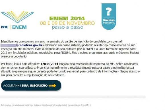 Email que se passa por mensagem do Enem (Foto: Agência Brasil)