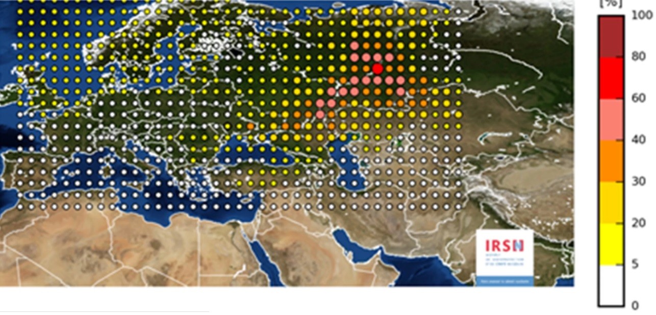 Mapa exibe a nuvem radioativa que se espalhou pela Europa: a área vermelha representa a maior concentração de rutênio  (Foto: Divulgação/ ISRN)
