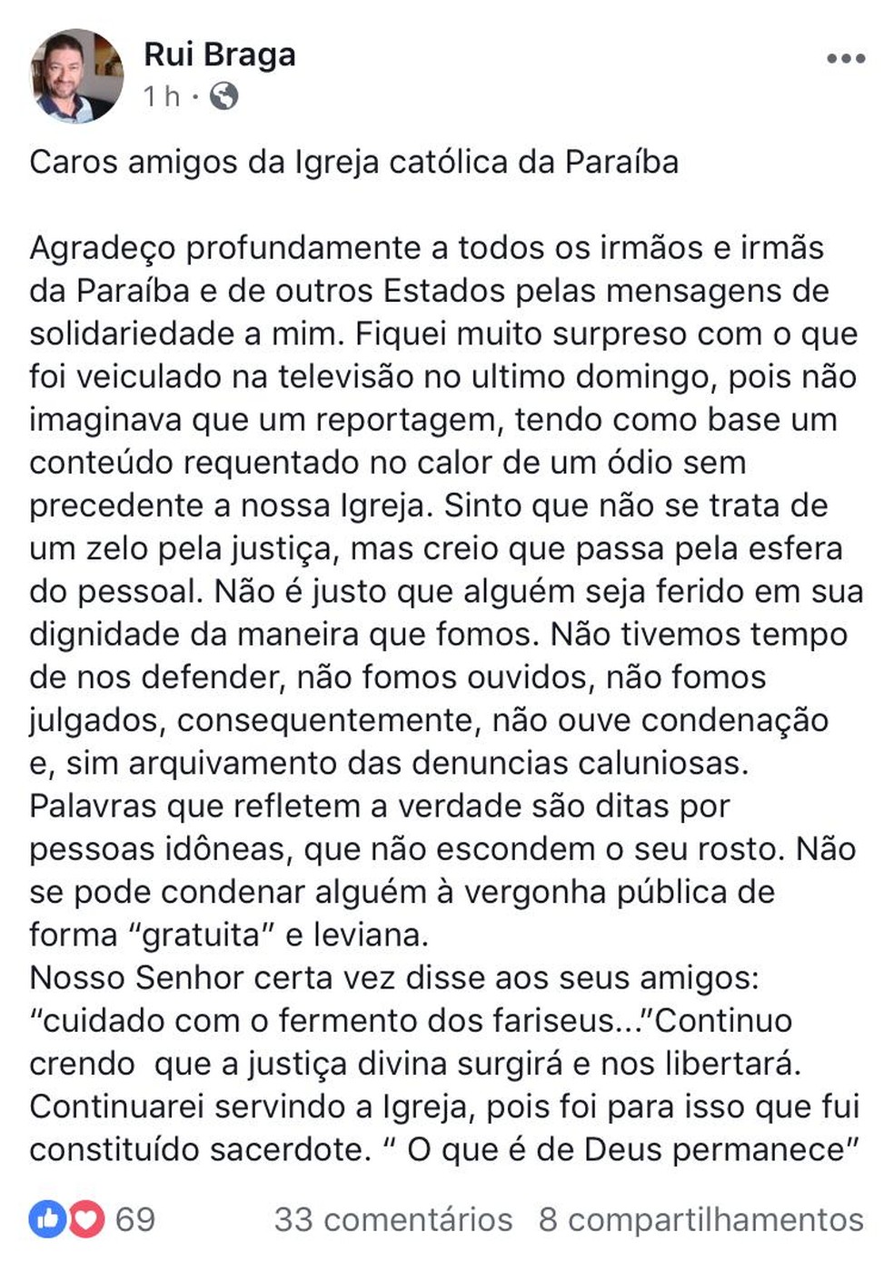 Padre Rui Braga se pronunciou em uma rede social nesta ter�a-feira (22) � Foto: Reprodu��o/Facebook