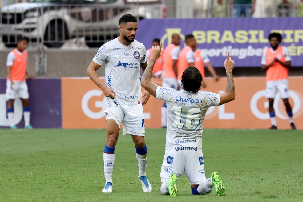 Ao lado de Matheus Bahia, Ricardo Goulart comemora gol diante do Vasco, na Arena Fonte Nova — Foto: Felipe Oliveira/EC Bahia