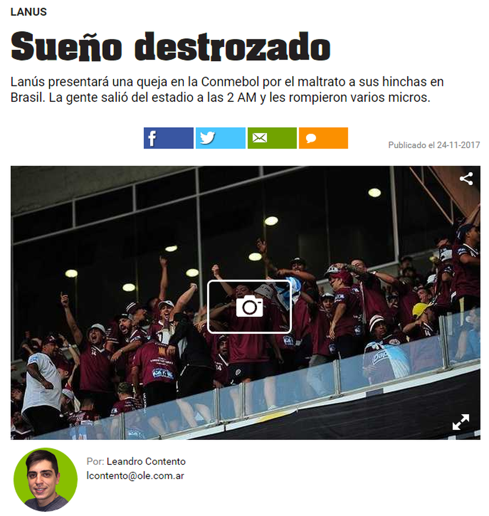 Lanús deve prestar queixa na Conmebol por maus tratos aos torcedores, diz Olé (Foto: Reprodução/Olé)