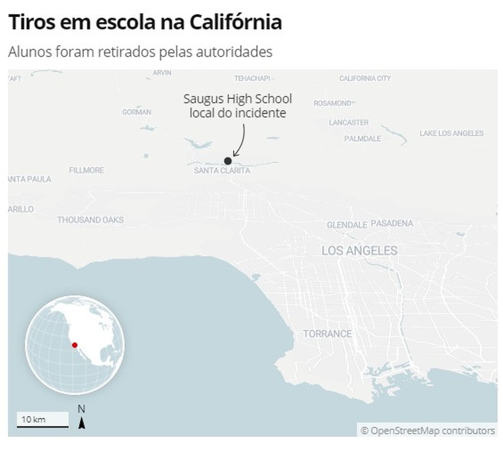 Mapa mostra local de tiroteio em escola na Califórnia — Foto: G1 