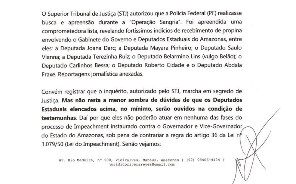 'Questão de Ordem' apresentada à Aleam pede retirada de deputados de comissão que analisa impeachment de governador do Amazonas e vice. — Foto: Reprodução