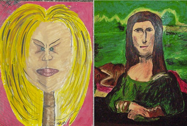 À direita a obra 'Mana Lisa' exposta no museu e  à esquerda a obra Hollywood Lips (Foto: Reprodução/Museum of Bad Art)