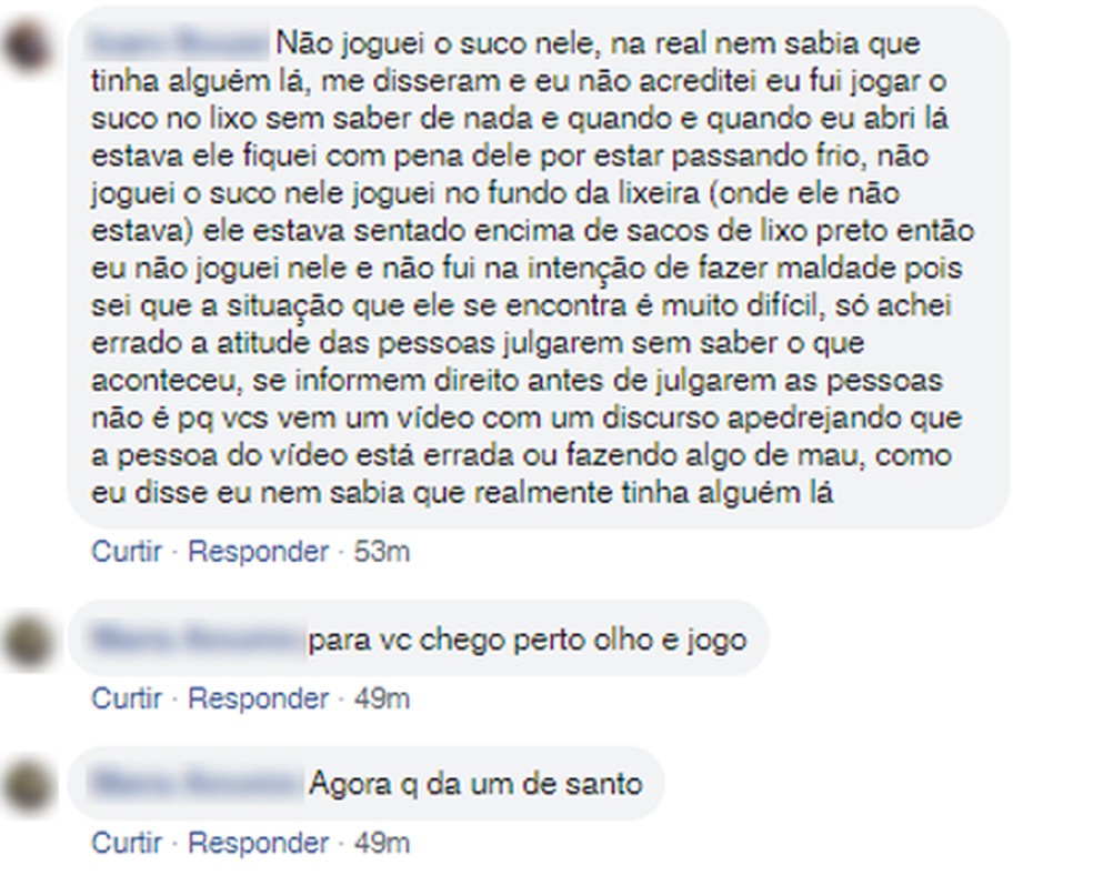 Jovem joga suco em morador de rua que se abrigava em lixeira por conta do frio em SP — Foto: Reprodução/Facebook