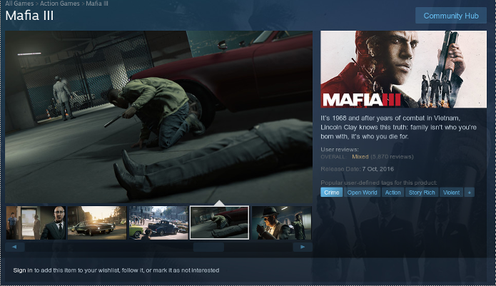 Página de Mafia 3 no Steam (Foto: Reprodução/André Mello)