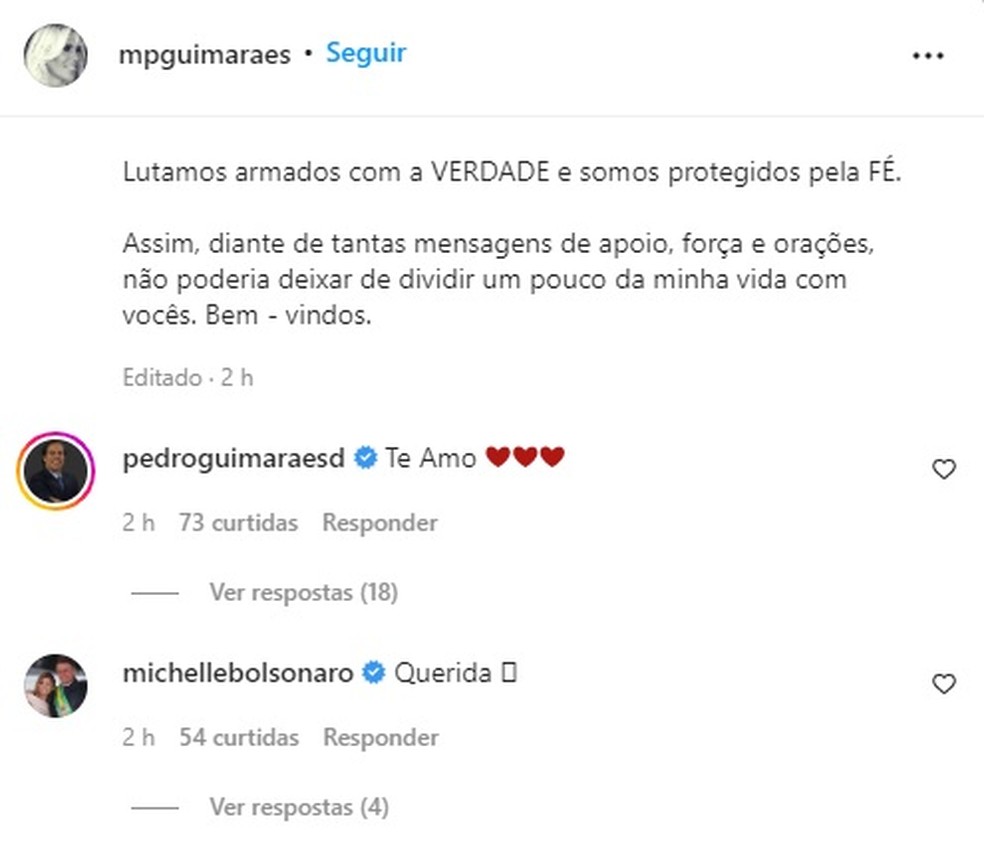 Michelle Bolsonaro comentou em publicação de mulher de Pedro Guimarãs — Foto: Reprodução/Instagram