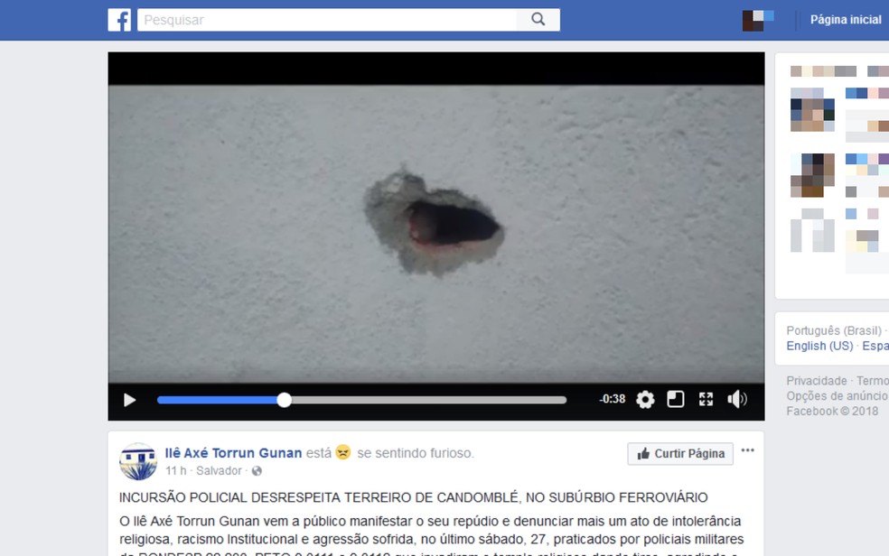 Terreiro diz que policiais militares atiraram em cômodos do terreiro (Foto: Reprodução/Facebook)
