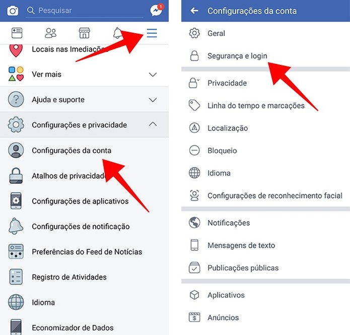Acesse o menu de segurança e login no Facebook para celular (Foto: Reprodução/Paulo Alves) Acesse o menu de segurança e login no Facebook para celular (Foto: Reprodução/Paulo Alves)