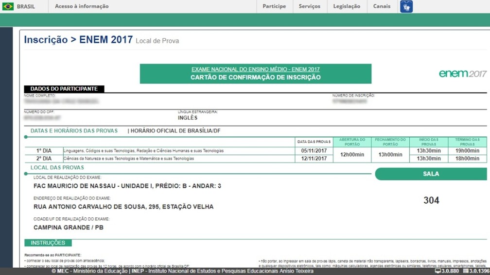 Cartão de Confirmação da Inscrição do Enem 2017 está disponível para consulta; mais de 55 mil já visualizaram na Paraíba (Foto: Reprodução/Inep)