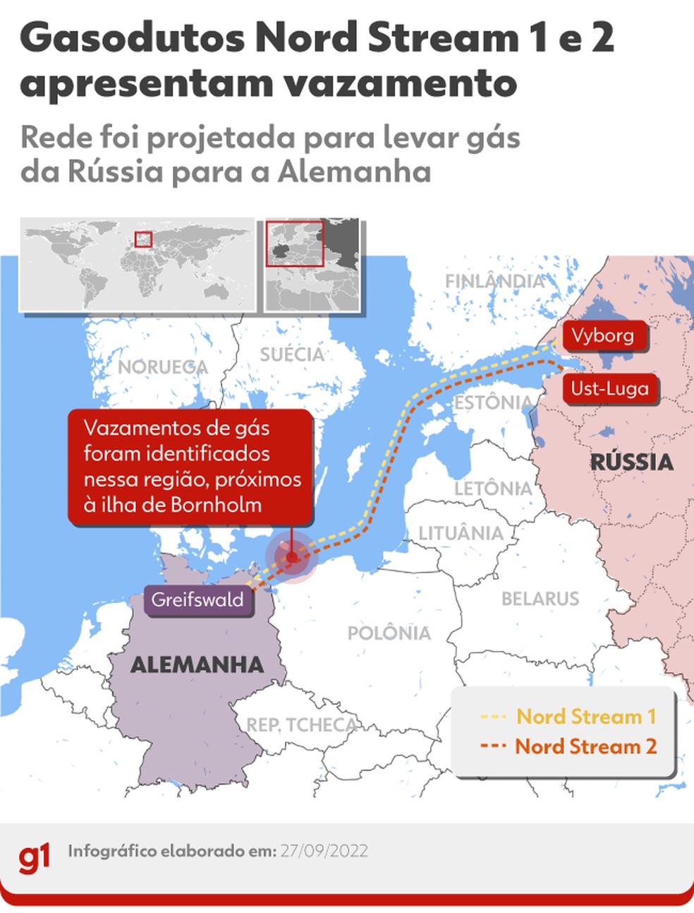 Mapa mostra os gasodutos Nord Stream 1 e 2 no mar Báltico — Foto: Arte g1
