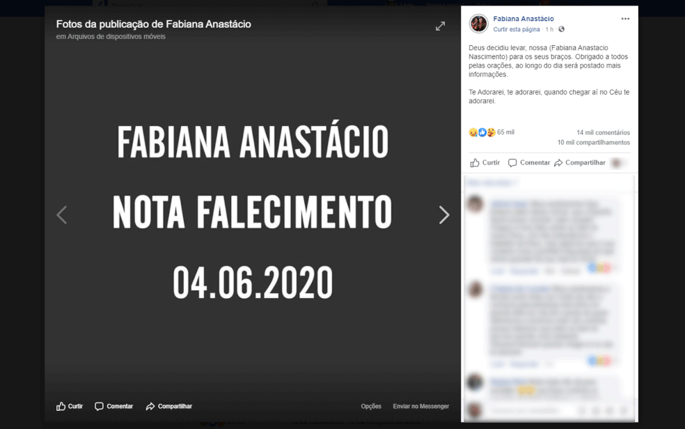 Nota de falecimento publicada no perfil da artista nas redes sociais  — Foto: Reprodução/Facebook