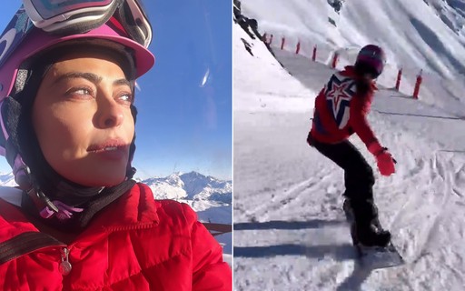 Nos Alpes Franceses, Juliana Paes mostra habilidades com snow surf