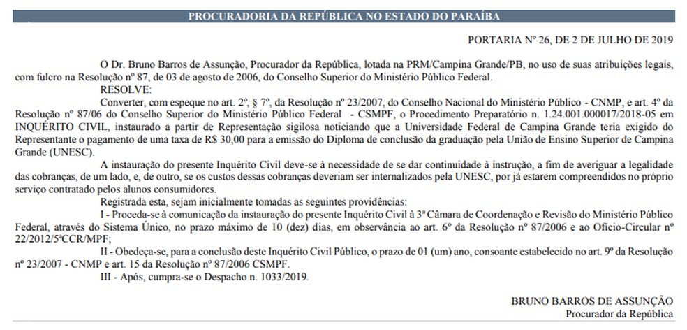 Denúncia, publicada na edição desta quarta-feira do Diário Eletrônico do MPF-PB, é de que UFCG teria exigido valor para a emissão do diploma por uma faculdade particular de Campina Grande.  — Foto: Reprodução/Diário Eletrônico do MPF-PB
