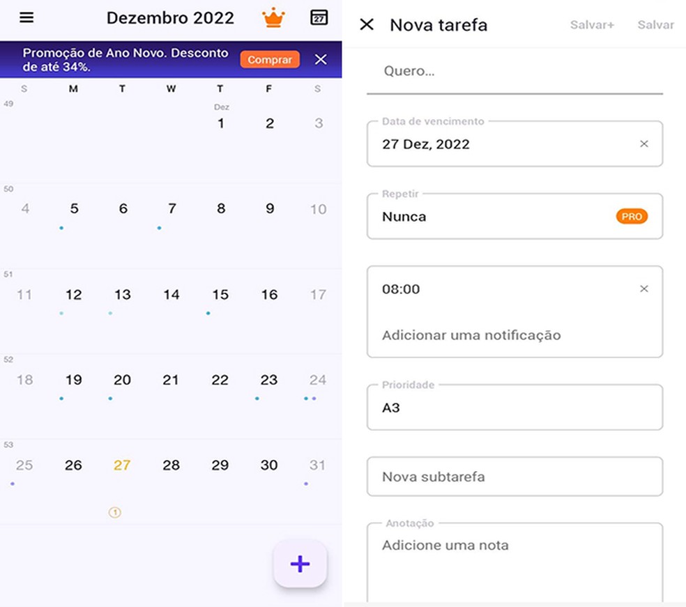 Daily Calendar conta com opção para adicionar tarefas e subtarefas  — Foto: Reprodução/Flávia Fernandes