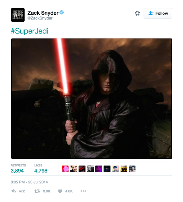 A montagem divulgada por Zack Snyder na qual o Super-Homem aparece como um Jedi (Foto: Twitter)