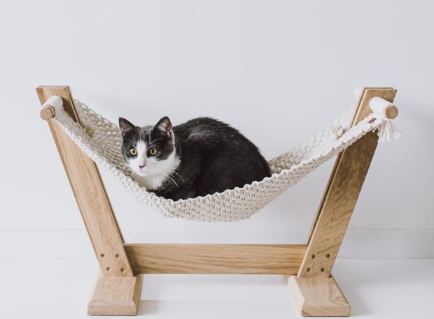 Um tecido prendido em dois suportes viram uma rede de balanço para gatos (Foto: Reprodução/Pinterest)