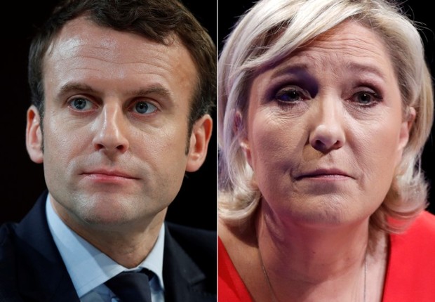 Uma montagem com as fotos dos candidatos à Presidência da França Emmanuel Macron e Marine Le Pen (Foto: Christian Hartmann/Reuters)