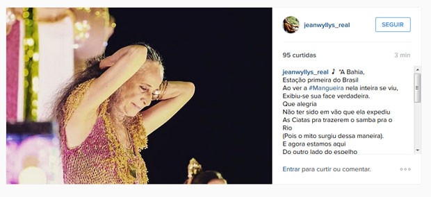 Jean Wyllys citou a música 'Onde O Rio É Mais Baiano' ao comentar vitória da Mangueira (Foto: Reprodução/ Instagram/Jean Wyllys)