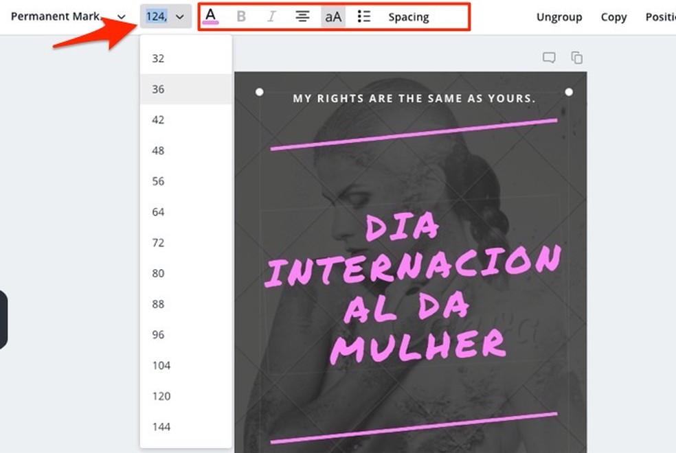 Opções de formatação de texto para um modelo de cartão do serviço online Canva — Foto: Reprodução/Marvin Costa
