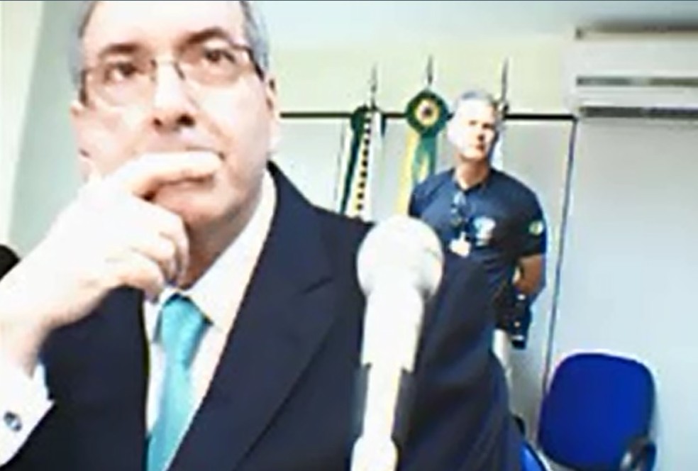 O deputado cassado Eduardo Cunha presta depoimento à Justiça Federal em Brasília (Foto: Reprodução, Justiça Federal)