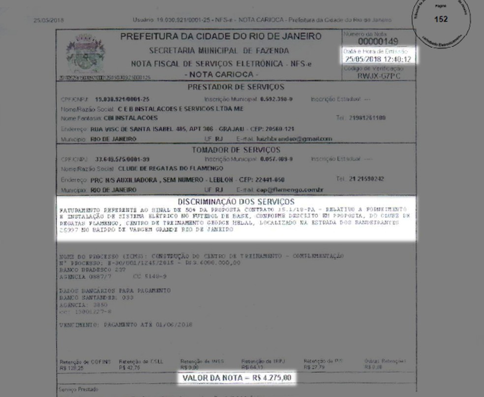 Nota fiscal do pagamento do Flamengo da primeira parcela à "CBI" — Foto: Reprodução