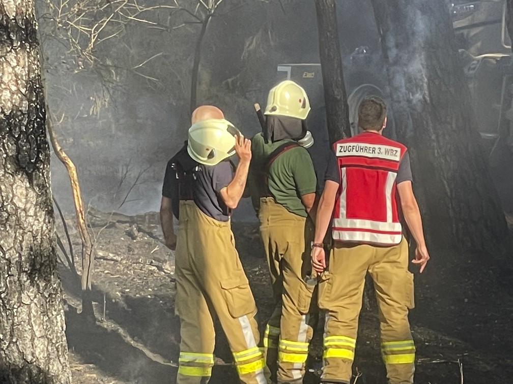 Bombeiros controlam um incêndio florestal em Rheinsberg, na Alemanha (23/06/2022). — Foto: Christian Guttmann/dpa via AP