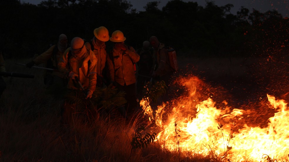 Brigadistas tampam o rosto para se proteger de fogo que atingiu a Chapada dos Veadeiros (Foto: Hélio Marinho/TV Globo)