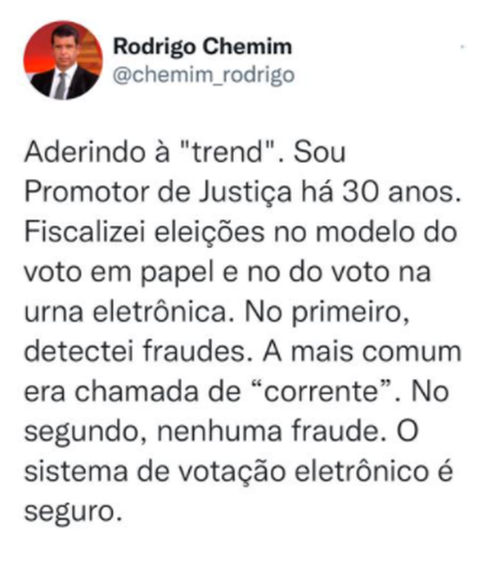 Promotor que j&aacute; fiscalizou elei&ccedil;&otilde;es impressas e, depois, as eletr&ocirc;nicas faz post para afirmar que o voto eletr&ocirc;nico &eacute; seguro &mdash; Foto: Reprodu&ccedil;&atilde;o