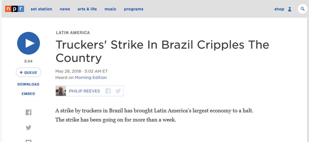 RÃ¡dio americana conta situaÃ§Ã£o do Brasil em reportagem de quase de 4 minutos (Foto: NPR/ReproduÃ§Ã£o)