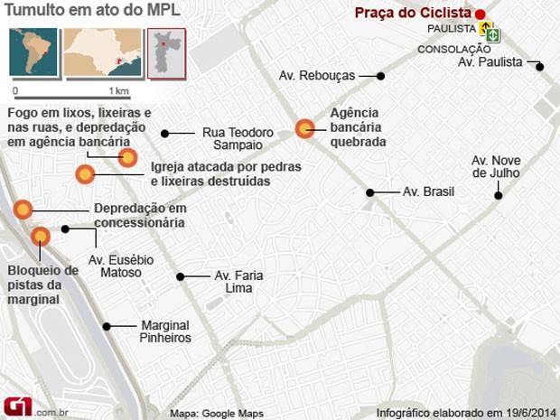 VALE ESSE Mapa de probelmas na manifestação do MPL em São Paulo  (Foto: Edoria de Arte/G1)