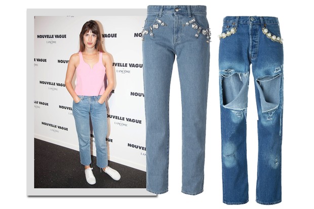 Jeanne Damas e, jeans, Emanuel Ungaro, R$ 3.090; Forte Couture, R$ 2.750 (Foto: Instagram/Reprodução e Farfetch/Divulgação)