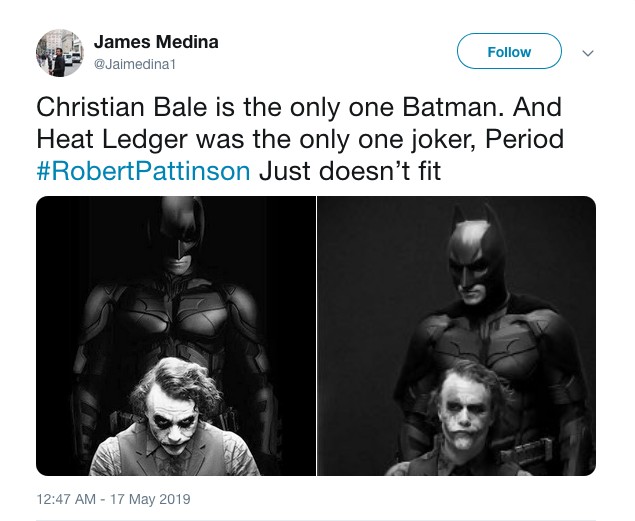 Uma pessoa reclamando nas redes sociais pela possível contratação do ator Robert Pattinson para dar vida ao herói Batman no próximo filme do personagem (Foto: Twitter)
