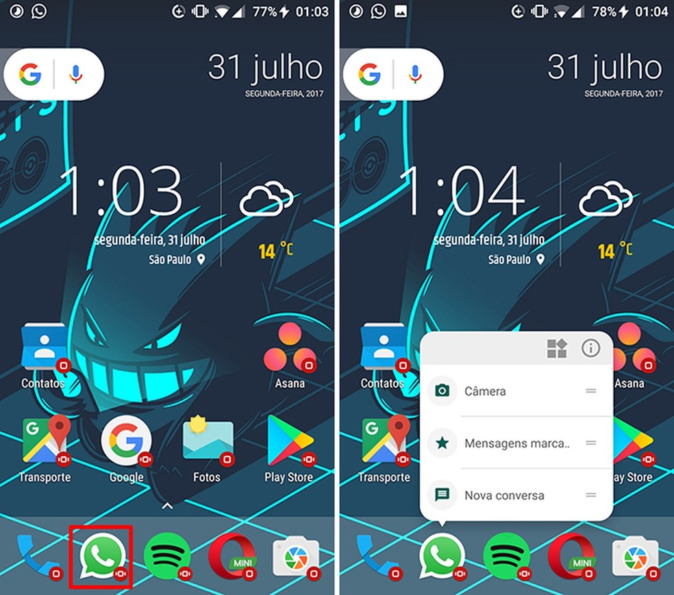 Versão Beta do WhatsApp para Android ganhou atalhos no ícone  (Foto: Reprodução/Elson de Souza)