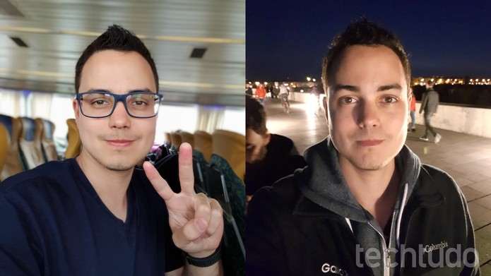 Foto à esquerda tem boa definição, mas modo retrato erra contorno dos cabelos e óculos; foto à direita compensa falta de luz, mas derruba definição da imagem (Foto: Thássius Veloso / TechTudo)