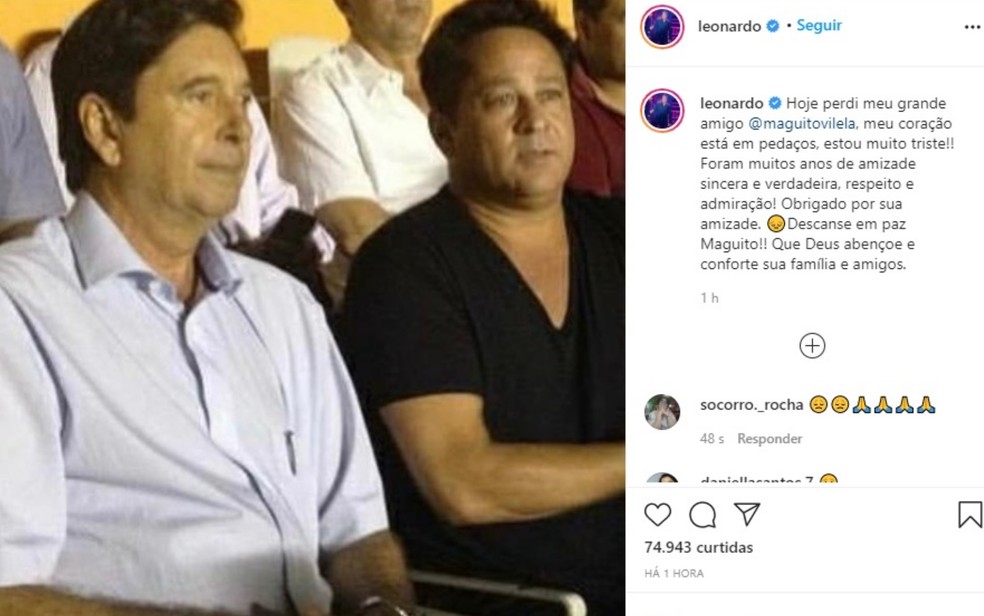 Cantor Leonardo lamenta morte de Maguito Vilela em post nas redes sociais — Foto: Reprodução/Instagram