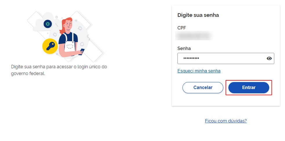 Tela de login com inserção de senha no portal Gov.br — Foto: Reprodução/Ana Letícia Loubak