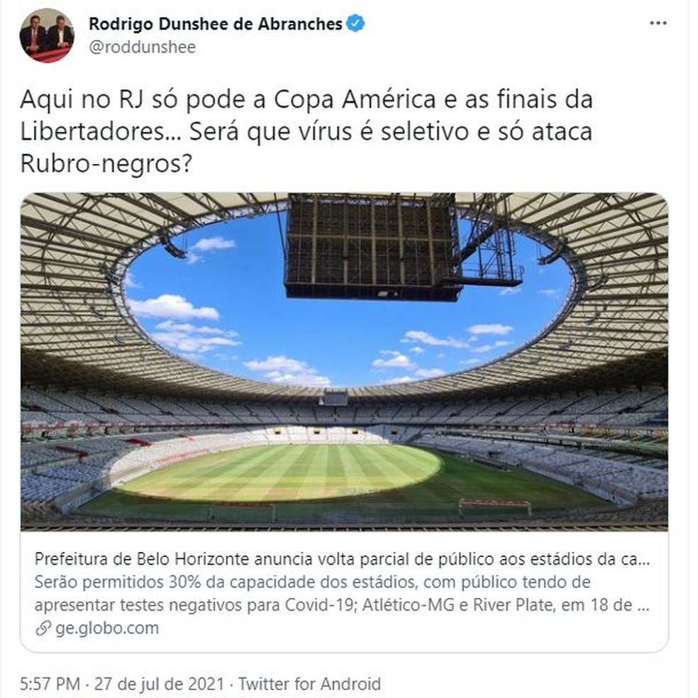 Vice-presidente do Flamengo questionou proibição de público no Rio após liberação de 30% do público em Belo Horizonte. — Foto: Reprodução/Internet