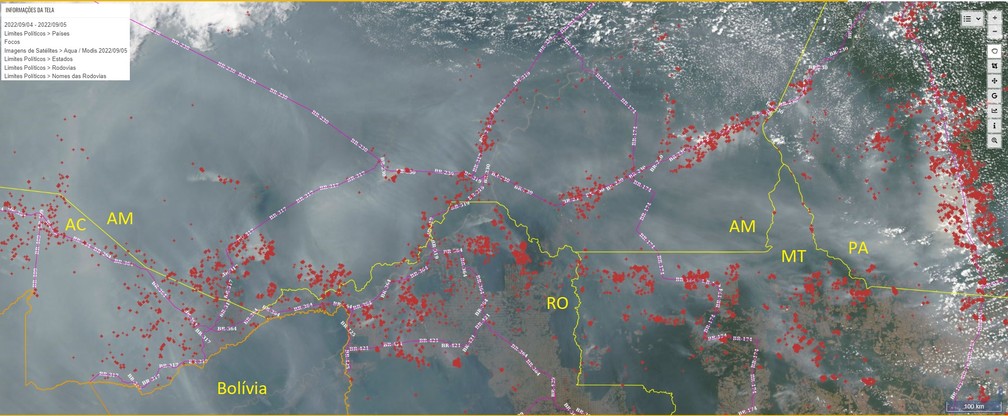 Fumaça gerada pelas queimadas cobre o Acre, Amazonas, Bolívia, Rondônia, Mato Grosso e Pará — Foto: Inpe