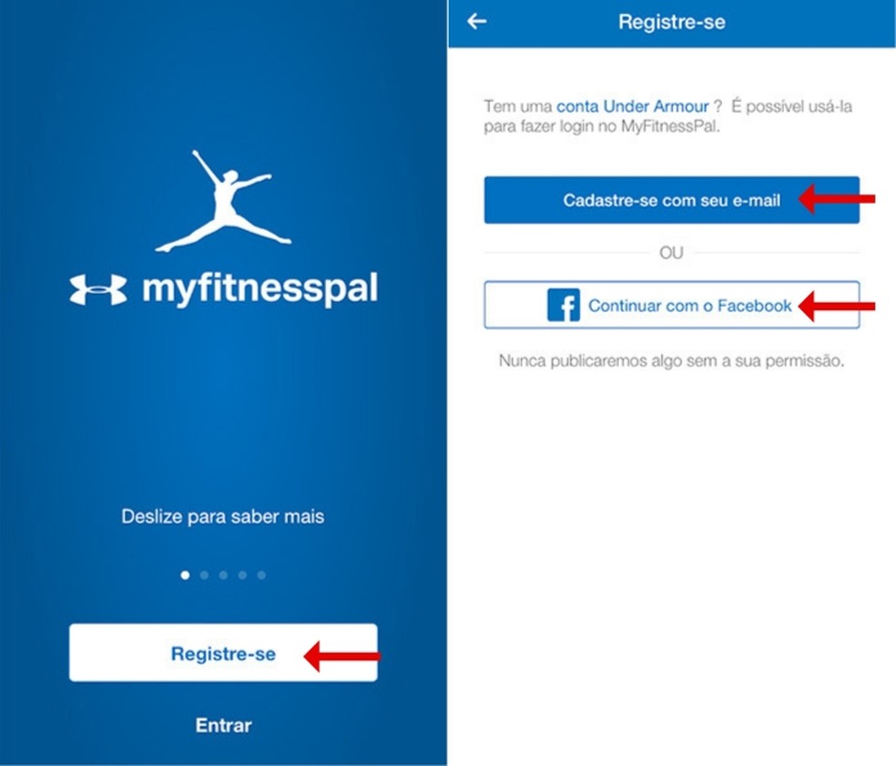 Faça seu cadastro no app MyFitnessPal ao acessar pela primeira vez — Foto: Reprodução/Amanda de Almeida