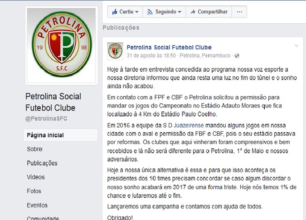 Nas redes sociais, os torcedores do Petrolina mostravam otimismo com inclusão do Clube na Série A2 deste ano (Foto: Reprodução / Facebook)