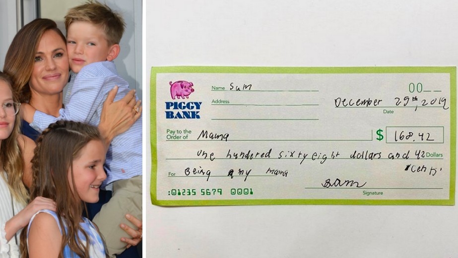 O cheque dado pelo filho de sete anos de Jennifer Garner, Sam, pelos serviços da atriz como mãe (Foto: Getty Images/Instagram)
