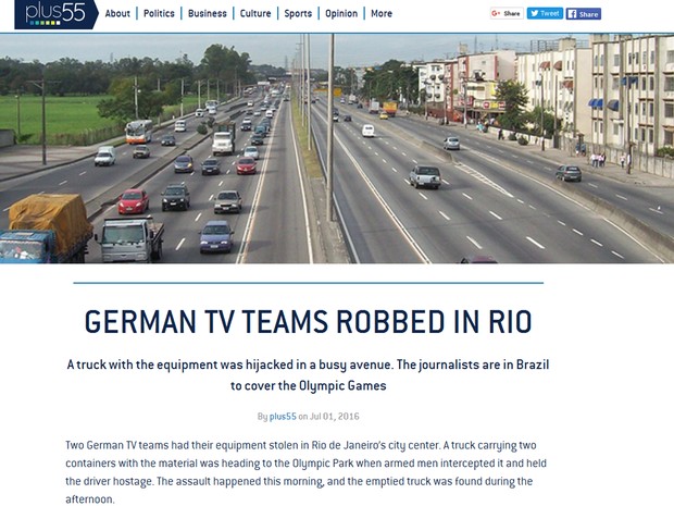 Sites de notícias repercutiram o roubo da TV alemã (Foto: Reprodução/Plus55.com)